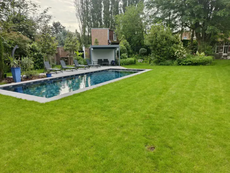 Grande pelouse paysagée autour d’une piscine
