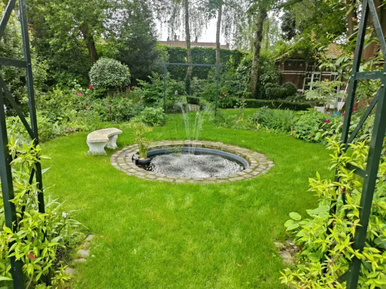 Bassin circulaire au cœur d’un jardin verdoyant